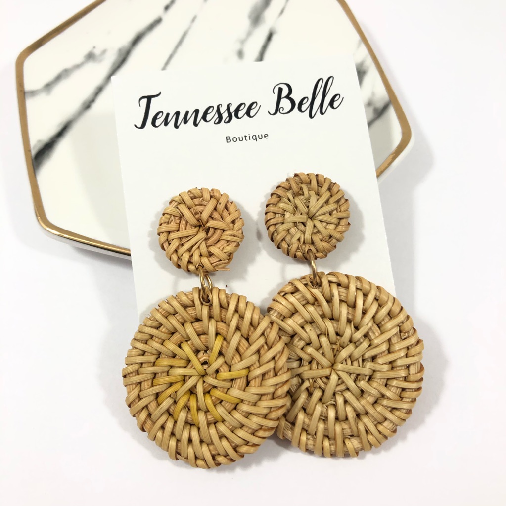 Rattan Woven Circle Lightweight Tan Earrings